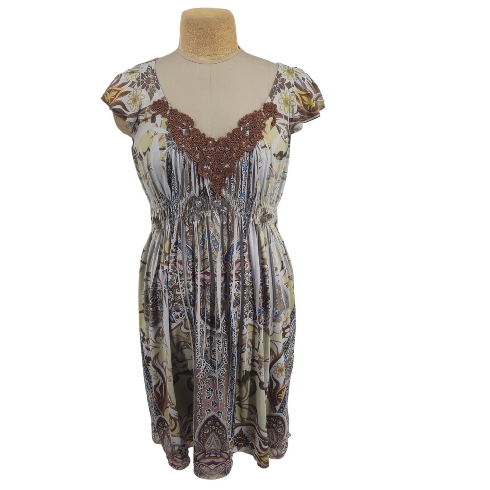 Unity World Wear Dress Women Large Paisley Floral Smocked Waist Crochet V-Neck